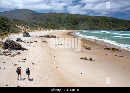 Wanderer auf dem South Coast Track entlang Surprise Bay Stockfoto