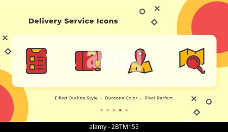 Delivery Service Icons Set mit Outline Stil gefüllt gelbe Farbe modernes flaches Design mit Karten und Boxen Vektor-Illustration Stockfoto