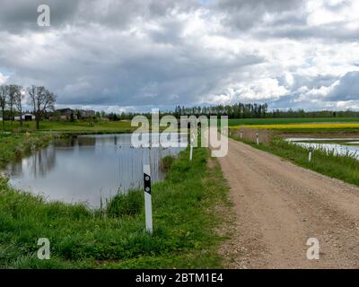 Frühlingslandschaft mit einem einfachen Feldweg zwischen Teichen, grünes Gras im Vordergrund, schöne Cumuluswolken Stockfoto