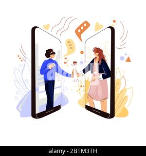 Online-Freunde unterstützen Vektor-Flat-Konzept. Zwei weibliche Charaktere halten die Hände, teilen Sympathie, Unterstützung und Liebe miteinander mit Remote Virtual Stock Vektor