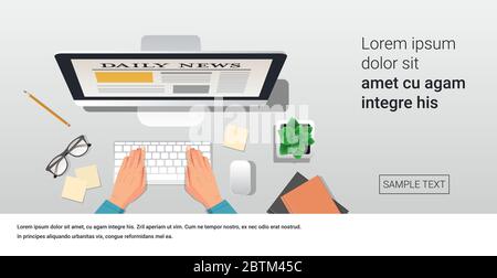Geschäftsmann lesen täglich Nachrichten Artikel auf Computer-Monitor Bildschirm online Zeitung Presse Massenmedien Konzept Schreibtisch oben Winkel Ansicht horizontal kopieren Raum Vektor Illustration Stock Vektor