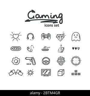 Doodle Satz von Gaming-Symbole. Headset, Joystick, Lenkrad und andere Gegenstände. Vektorgrafik Stock Vektor