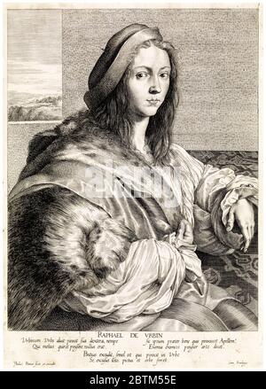 Raffaello Sanzio da Urbino, Raphael (1483-1520), italienischer Maler und Architekt, Porträtgravur von Paulus Pontius, 1616-1657 Stockfoto