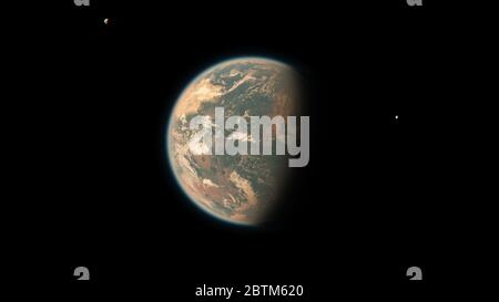 Bewohnbare Erde wie ein Planet mit großer Landmasse und zwei Monden im Weltraum - lebbarer Exoplanet mit Doppelmonden, die das Rote Zwergsystem umkreisen Stockfoto