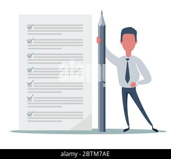Glücklicher Geschäftsmann, der einen Bleistift hält, der an der ausgefüllten Checkliste auf dem Klemmbrett steht. Stock Vektor