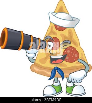 Cartoon-Bild von Scheibe Pizza in Sailor Charakter mit einem Binokular Stock Vektor