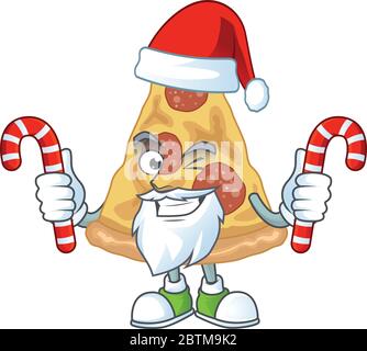 Cartoon-Charakter von Stück Pizza als Weihnachtsmann mit Süßigkeiten Stock Vektor