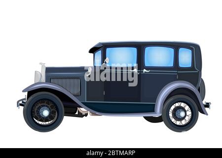 Oldtimer isoliert auf weißem Hintergrund. Alte Retro klassische schwarze Limousine. Für Automobilposter, Banner, Museum, Autoshow und Ausstellung. Vektor Stock Vektor