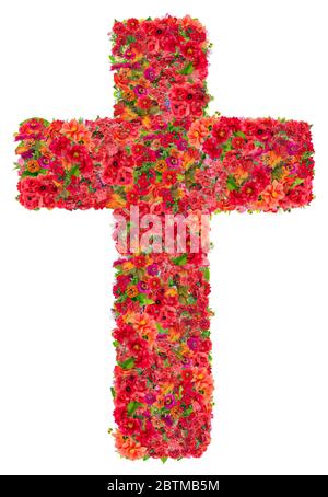 Blutiges Kreuz Jesu in meinem Herzen rettet die Welt vor Krankheiten. Handgefertigte Collage aus roten Sommerblumen. Isoliert auf weiß Stockfoto