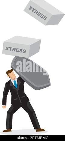 Geschäftsmann mit einem Schild, um sich vor dem Stress zu schützen. Konzept der Unternehmenssicherheit gegen Stress. Isolierte Vektordarstellung. Stock Vektor