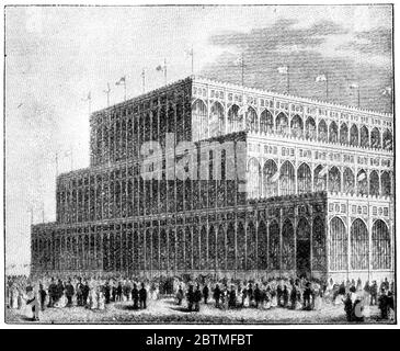 Der Crystal Palace (hinten) im Hyde Park für die große internationale Ausstellung von 1851, London. Illustration des 19. Jahrhunderts. Weißer Hintergrund. Stockfoto