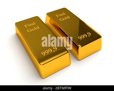 Zwei Goldbarren auf weißem Hintergrund isoliert. Finanzierungskonzept. 3d-Rendering Stockfoto