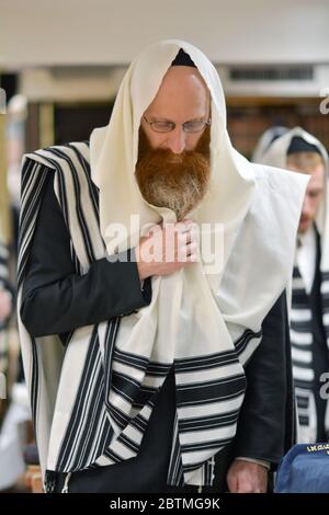 Ein religiöser jüdischer Mann, wahrscheinlich ein Rabbiner, der Morgengebete rezitiert, während er einen tallis (Gebetsschal) trägt. In Brooklyn, New York. Stockfoto