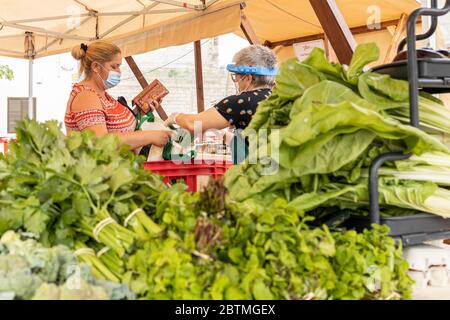 Der lokale Bauernmarkt öffnet nach zehn Wochen der Sperrung, Verkauf von lokal angebautem ökologischem Obst und Gemüse, während Phase zwei der Deeskalation des covid 19, Coronavirus Ausnahmezustand. Playa san Juan, Teneriffa, Kanarische Inseln, Spanien. 27 Mai 2020. Stockfoto