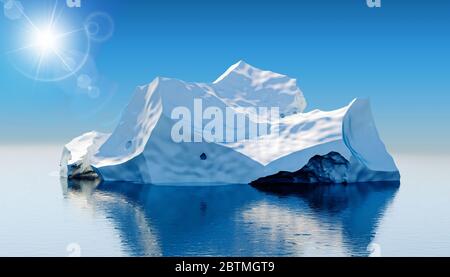 3d-Rendering von Eisberg, Seitenansicht auf Wasserebene Stockfoto