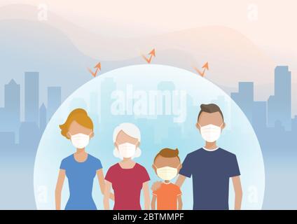 Städtische Menschen tragen Schutzmaske verhindern Krankheiten, Virusinfektionen, Luftverschmutzung, Staub, Smog. Vektor-Illustration flach Stil. Stock Vektor