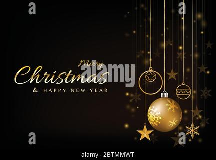 Hintergrund Weihnachtsdesign mit Schneeflocke, Stern, Kugel glühend glitzernd golden. Weihnachtsüberschriften, Website, Poster, Grußkarten. Stock Vektor