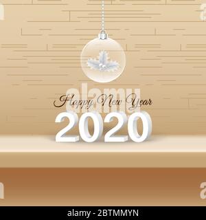 Frohes neues Jahr 2020 dekoratives Design mit Weihnachten hängenden Kristallkugel auf braunem Podium. Ferien Hintergrund für horizontale Banner, Poster, Grußkarten Stock Vektor