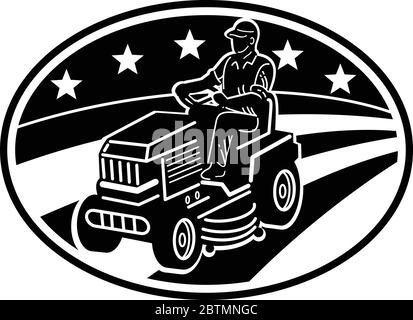 Illustration von amerikanischen männlichen Gärtner mähen Reiten auf Reiten Rasenmäher mit Sternen und Streifen Flagge im Inneren oval in Retro Holzschnitt Schwarz und Stock Vektor