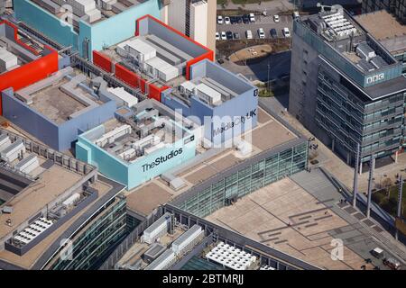 Luftaufnahme von MediaCity UK in Salford, Manchester, Großbritannien Stockfoto