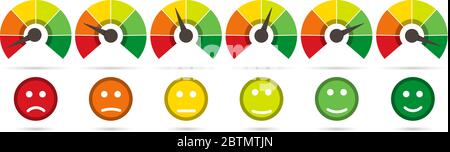 Skala von Rot auf Grün mit Pfeil und Skala der Emotionen Stock Vektor