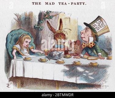 ALICE'S ADVENTURES IN WONDERLAND von Charles Dodgson 1865. Illustration der Mad Tea Party von John Tenniel Stockfoto