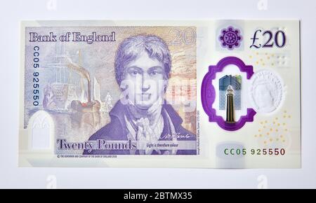 Die 2020 Polymer £20 Pfund Note von der Bank of England mit Künstler JMW Turner auf weißem Hintergrund Stockfoto