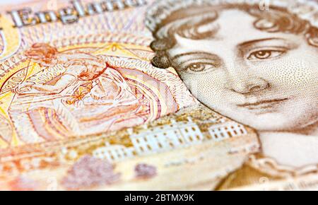 Nahaufnahme der neuen Polymer £10 Note, mit Jane Austen Stockfoto