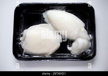 Tablett mit gefrorenem Tintenfisch. Overhead-Shot Stockfoto