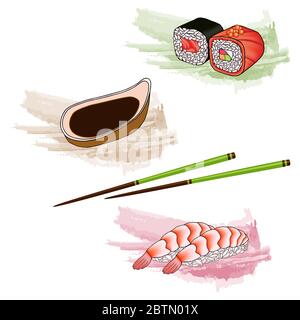 japanisches Sushi mit Garnelen, Brötchen mit rotem Kaviar und Lachs auf einem Aquarellteller, Sojasoße in einer Schüssel, mit Essstäbchen auf weißem Hintergrund Stockfoto