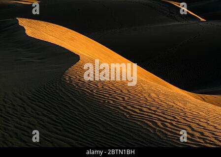 Ein Chiaroscuro-Muster bei Sonnenuntergang in den herrlichen Dünen von Maspalomas, im Süden der Insel Gran Canaria Stockfoto