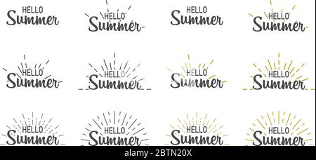 Hallo Sommer. Banner gesetzt Hallo Sommer mit Sunburst. Sumer Abbildung. Text Sommer im Schriftzug. Vector Illustration Stock Vektor