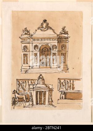 Vier Entwürfe für Sepulkraldenkmäler. Forschung in ProgressAbove: Erhebung einer Mauer mit einer großen Nische in der Mitte. In seinen Ständen ein Sarkophag, der von zwei Löwen getragen wird. Darüber ist eine Nische mit einer Statue einer sitzenden Person. Stockfoto