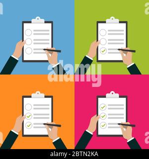 In den Händen der Zwischenablage Checkliste mit Pen in flacher Ausführung. Vector Illustration Stock Vektor