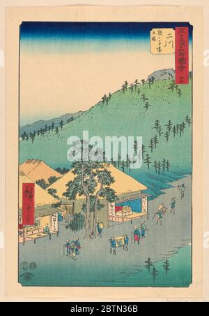 Futakawa Posthaus auf Monkey Plain Futakawa Sarugababa tateba aus der Serie 53 Stationen des Tokaido. Forschung in ProgressDiese Szene zeigt eine Spur von Menschen, die die Straße hinauf fahren. An der Basis des Drucks ist ein Rastpunkt, wo Menschen für Tee oder Nahrung stoppen können. Hinter der Straße ist eine schöne Landschaft Szene, die typisch für ein Hiroshige Print ist. Stockfoto