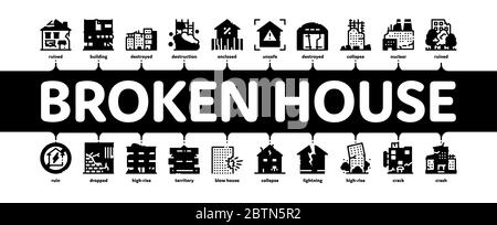 Broken House Building Minimal Infografik Banner Vektor Stock Vektor