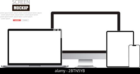 Mockup-Satz des Geräts. Realistische Set von Monitor, Laptop, Tablet, Smartphone. Vektorgrafik Stock Vektor