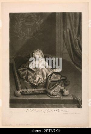 Porträt von James Stuart der Prinz von Großbritannien c. Forschung in ProgressPrinz James Francis Edward Stuart (1688-1766), Sohn von James II., wird als Kind dargestellt, das auf einem Samtkissen im Zustand liegt. Stockfoto