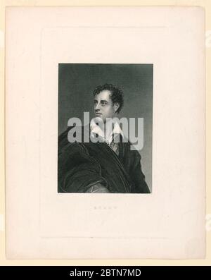 Porträt von George Gordon Lord Byron. Forschung in ProgressHalf-Langportrait des englischen Dichters George Gordon Lord Byron (1788-1824), ein Viertel nach rechts gerichtet, sein Blick über seine rechte Schulter gerichtet. Er trägt einen großen Mantel, der locker über seine rechte Schulter geworfen wird. Stockfoto