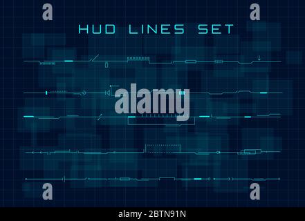 Set von HUD futuristischen Kopf-, Fußzeilen- und Linienelementen auf dunklem Hi-Tech-Hintergrund. Design-Elemente für Web, Banner, Flyer, Musik-Event. Editierbar Stock Vektor
