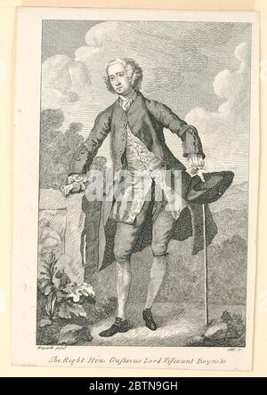 Der rechte Hon Gustavus Lord Viscount Boyne C. Forschung in ProgressEin ganzlanges Porträt eines jungen Mannes in der Landschaft. Er steht im Vordergrund leicht nach links gedreht. Er legt seine rechte Hand auf einen gemeißelt Stein. In seiner linken Hand hält er Hut und Stock. Im weiteren Hintergrund Hügel und Bäume. Stockfoto