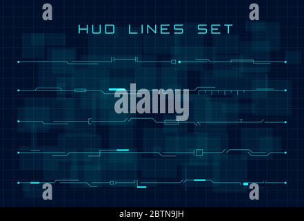 Set aus blauen HUD futuristischen Kopf- und Fußzeilen-Elementen auf dunklem Hi-Tech-Hintergrund. Design-Elemente für Banner, Flyer, Karte, Musik-Event. Editierbar Stock Vektor