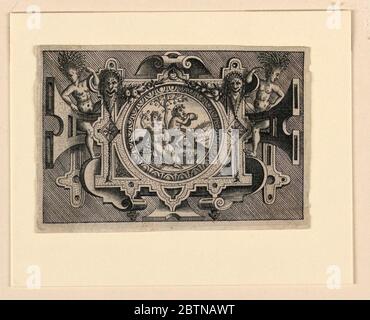 Scrollwork Escutcheon mit Darstellung des Frühlings. Forschung im ProgressFrühling. Apollo spielt die Leier. Eine Frau, die mit einem Blumenkorb beschäftigt ist. Stockfoto