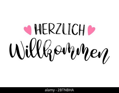 Handskizziertes Herzlich Wilkommen Zitat in Deutsch. Übersetzte Begrüßung. Schriftzug für Poster, Flyer, Header, Karte, Werbung, Ankündigung. Stock Vektor