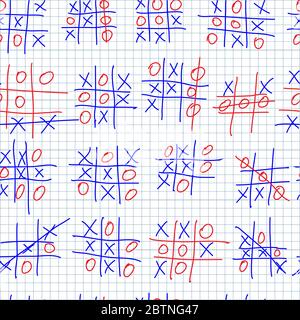 Nahtlose Textur mit dem Spiel Tic tac Zehe in rot und blau Farbe. Bleistiftskizze auf einem quadratischen Papier auf weiß. Kritzeln. Stock Vektor