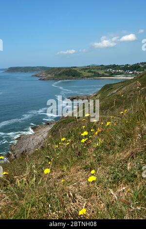 Sonniger Frühlingstag an der Gower Küste in der Nähe der Langland Bucht Stockfoto