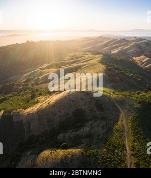 Am späten Nachmittag erleuchtet die Sonne die schönen, ländlichen Hügel und Täler der East Bay, östlich der San Francisco Bay im Norden Kaliforniens. Stockfoto