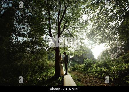 Stilvoller eleganter Bräutigam, der mit einer wunderschönen böhmischen Braut im hellen Licht in den sonnigen Wäldern steht Stockfoto