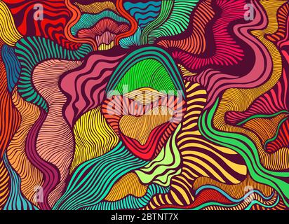 Bunte abstrakte Linien Kunst Muster, Regenbogen mehrfarbig. Dekorative psychedelische stilvolle Karte. Vektor handgezeichnete künstlerische Illustration. Stockfoto