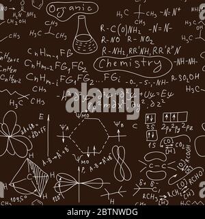 Nahtlose organische Chemie Hand geschriebenen Hintergrund auf einem braunen Brett. Alle Formeln sind korrekt. Stock Vektor